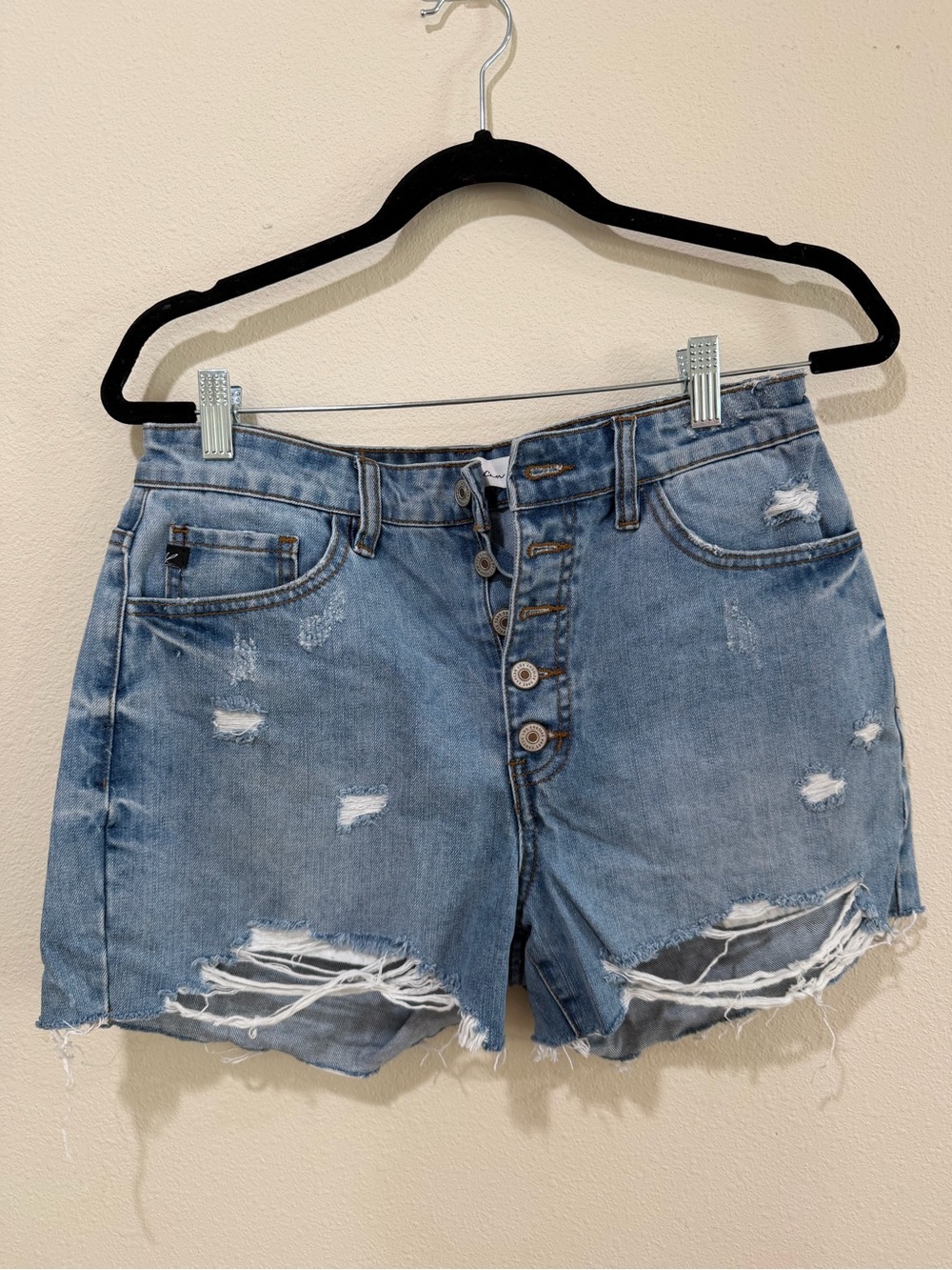 KanCan Light Blue Distressed Button-Fly Denim Shorts